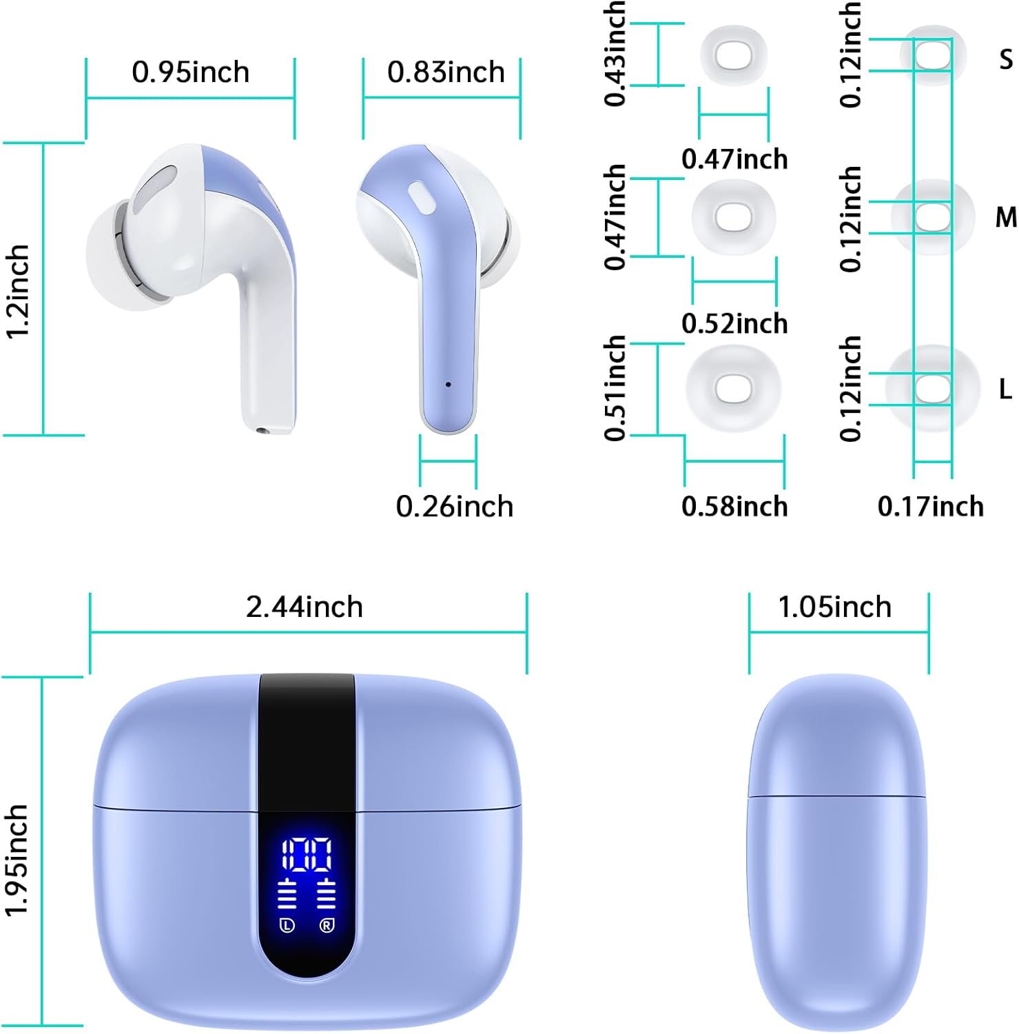 TAGRY X08 Bluetooth 5.3 True Wireless Earbuds with LED Power Display, 60 Hours Playtime, Wireless Charging Case, IPX5 Waterproof, Touch Control, Built-in Microphone - Purple ACZONA