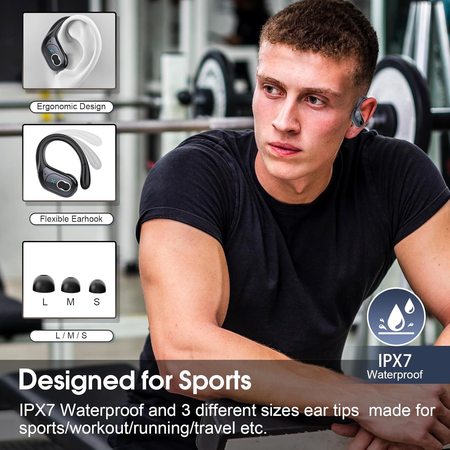 Wireless Bluetooth 5.4 Sports Earbuds with 75 Hours Playtime, ENC Noise Cancelling Microphone, Hi-Fi Deep Bass Stereo, IPX7 Waterproof, Ear Hooks, LED Display, Black ACZONA