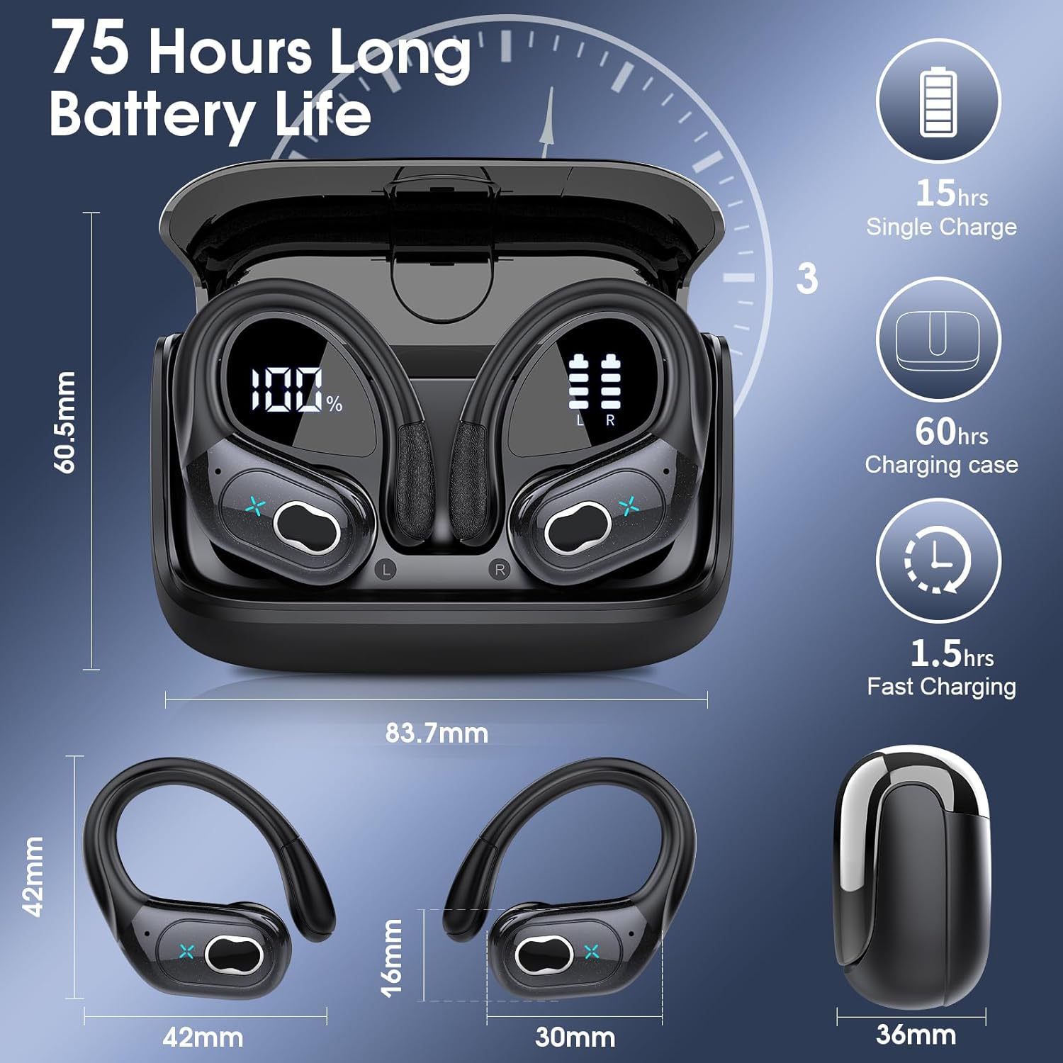 Wireless Bluetooth 5.4 Sports Earbuds with 75 Hours Playtime, ENC Noise Cancelling Microphone, Hi-Fi Deep Bass Stereo, IPX7 Waterproof, Ear Hooks, LED Display, Black ACZONA