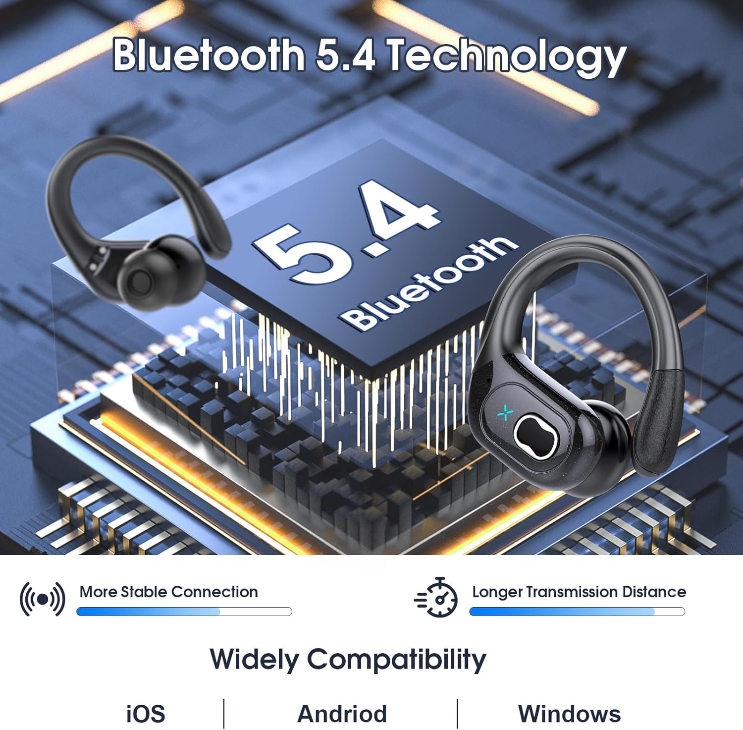 Wireless Bluetooth 5.4 Sports Earbuds with 75 Hours Playtime, ENC Noise Cancelling Microphone, Hi-Fi Deep Bass Stereo, IPX7 Waterproof, Ear Hooks, LED Display, Black ACZONA