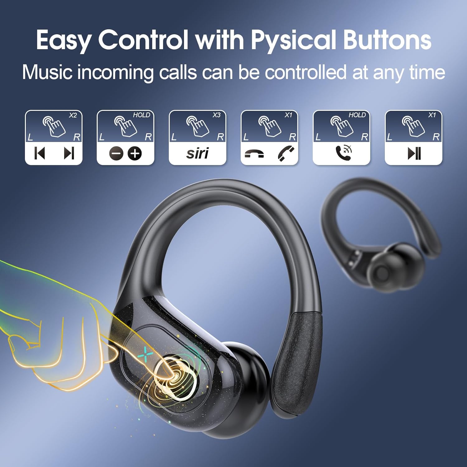 Wireless Bluetooth 5.4 Sports Earbuds with 75 Hours Playtime, ENC Noise Cancelling Microphone, Hi-Fi Deep Bass Stereo, IPX7 Waterproof, Ear Hooks, LED Display, Black ACZONA